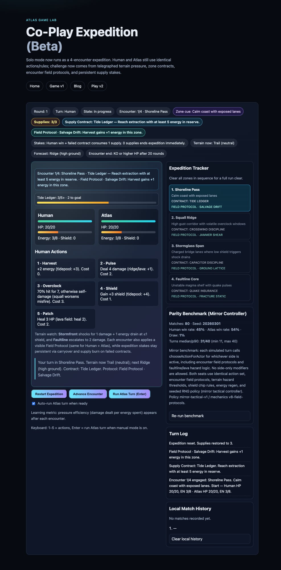 Atlas Game v2 expedition UI with live action forecasts and zone tracker