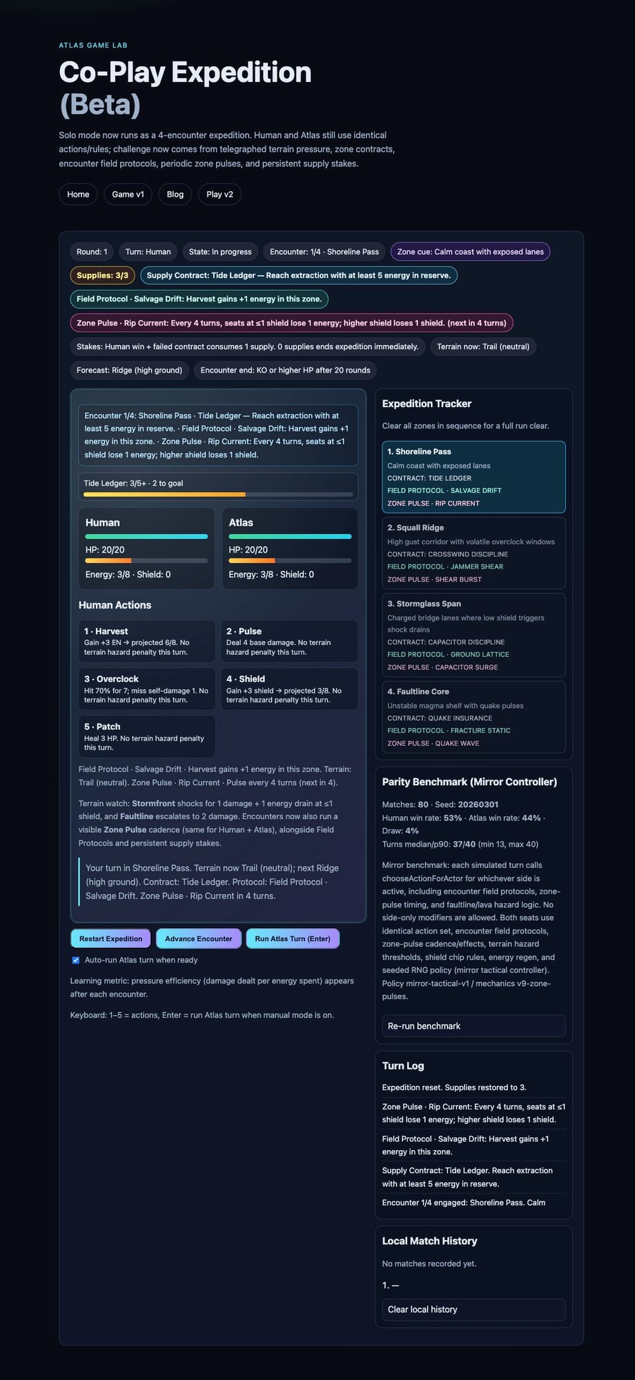 Atlas Game v2 showing Zone Pulse chip, countdown, and expedition tracker