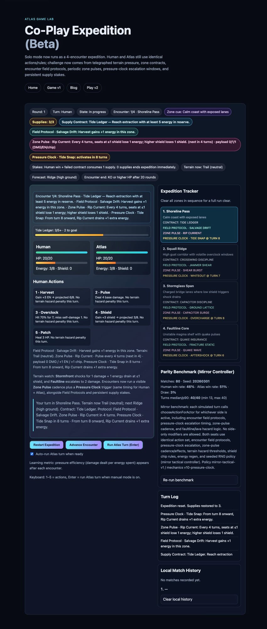 Game v2 HUD showing Zone Pulse payload and Pressure Clock countdown